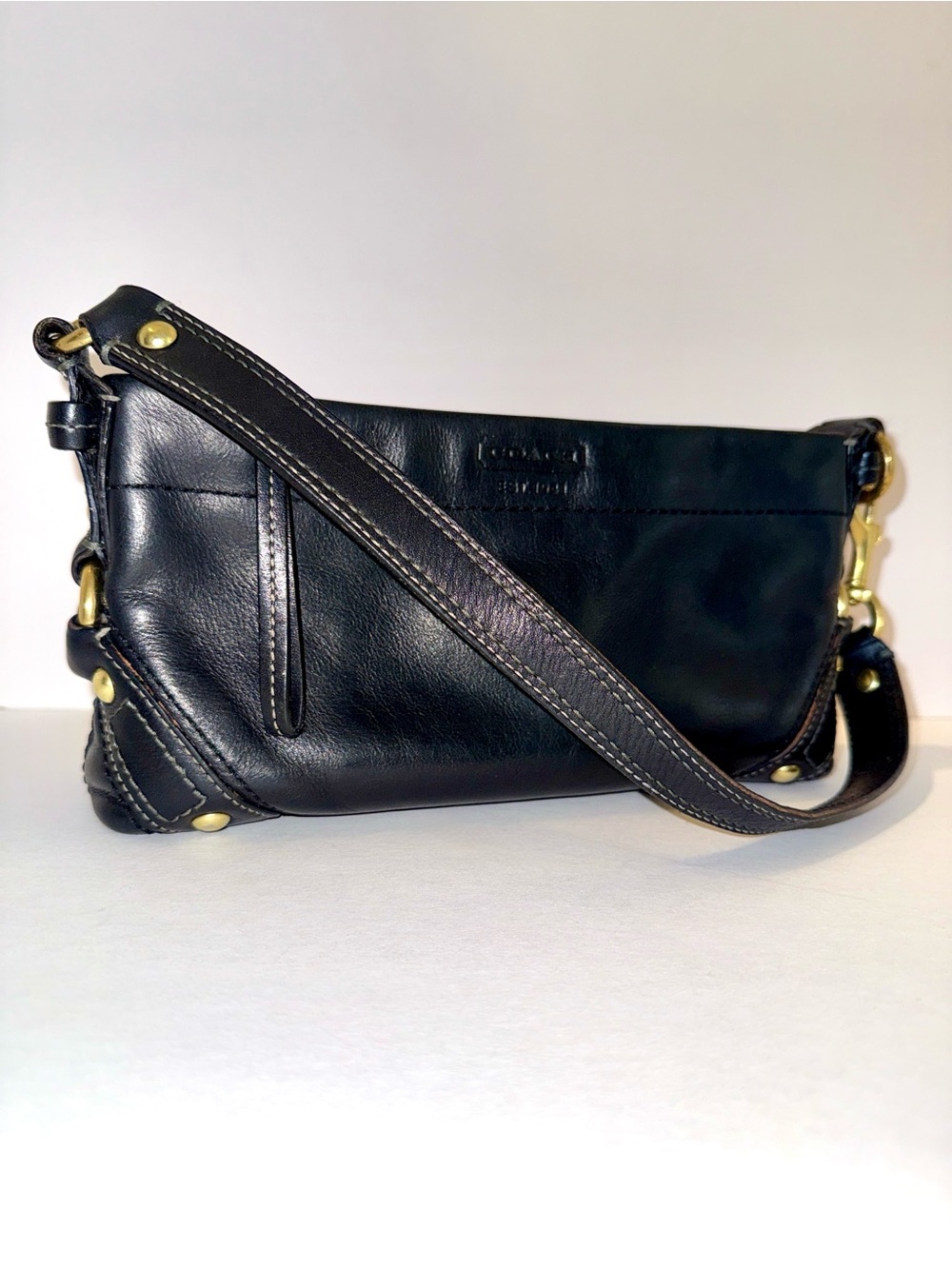 Vtg 2006 Coach Carly Black Leather Shoulder Demi Clutch Baguette W Brass 10731